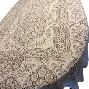 Vintage White Lace Oval Tablecloth Elegant Floral Pattern 102x64